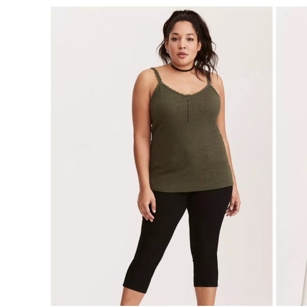Torrid Olive Green Ribbed Lace Trim Henley Cami Size 4